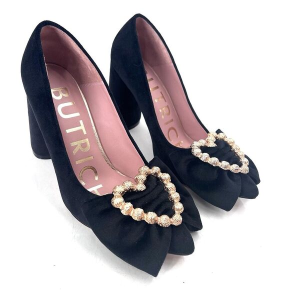 Jessica Butrich Black Velvet Block Heel Pumps with Gold Heart & Bow - Picture 1 of 11